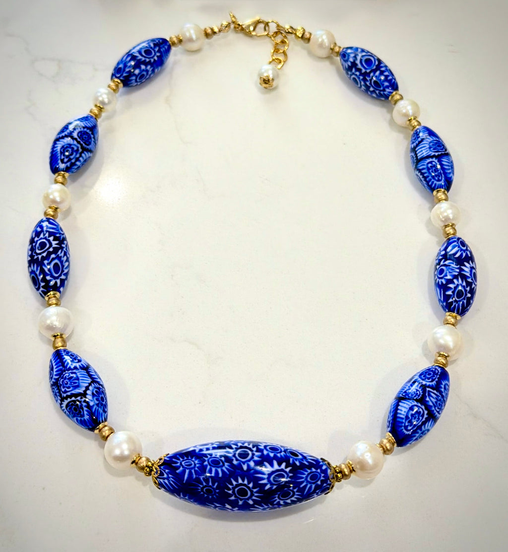 Rosario Leonardi Cobalt Blue Neckalce Featuring Handmade Murano Millefiori Torpedo Glass Beads