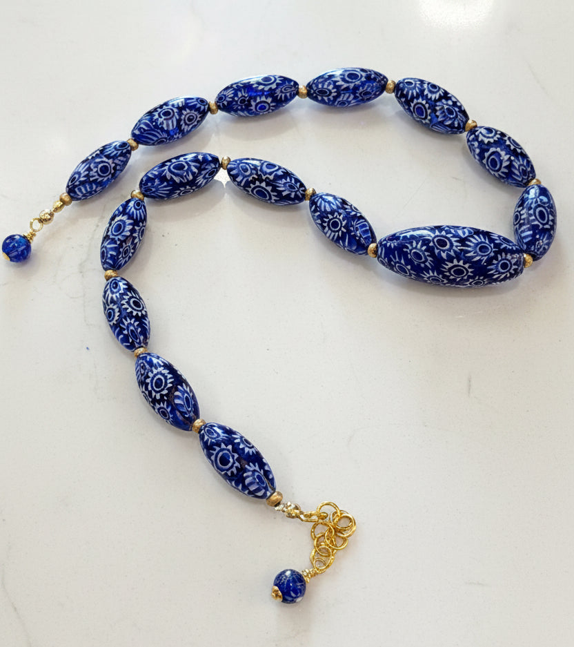 Rosario Leonardi Cobalt Blue Neckalce Featuring Handmade Murano Millefiori Torpedo Glass Beads