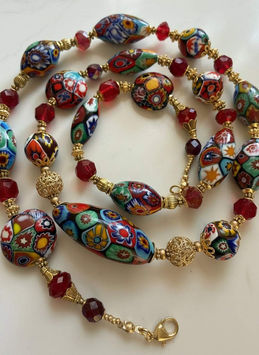 Rosario Leonardi Red Patterned Murano Millefiori Ercole Moretti Beaded Necklace-Choose your lenghti