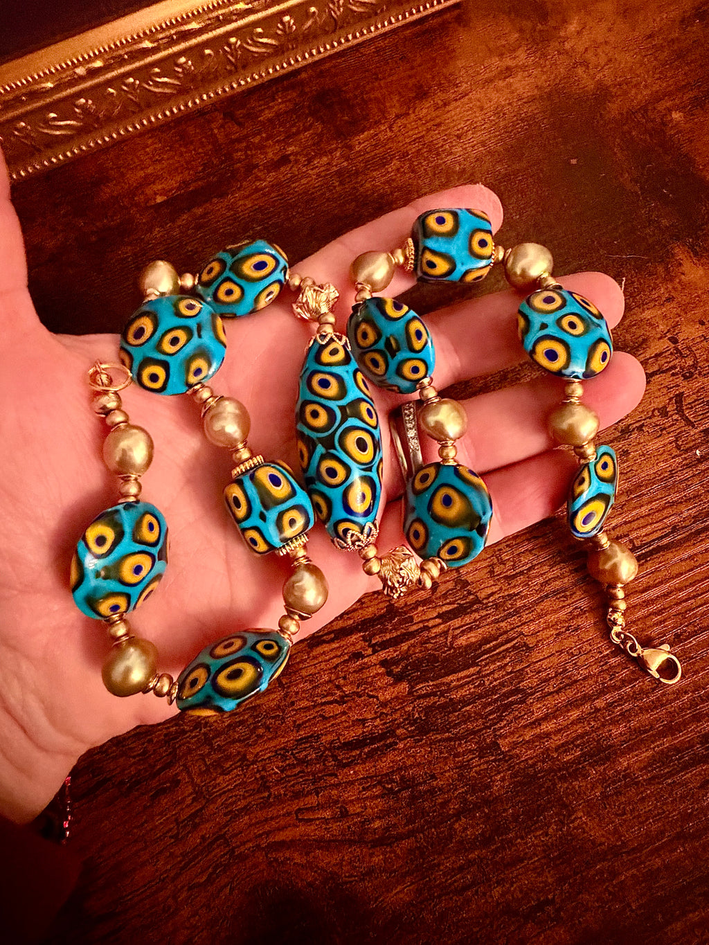 Rosario Leonardi Aqua & Yellow Themed Necklace Gold Freshwater Pearls