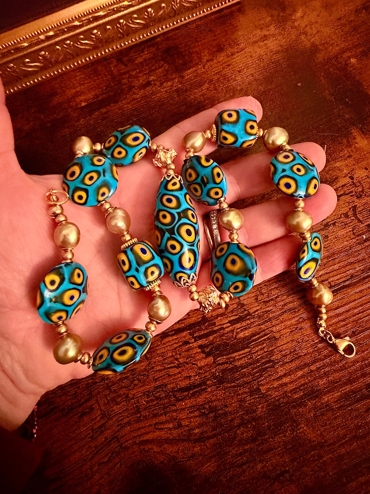 Rosario Leonardi Aqua & Yellow Themed Necklace Gold Freshwater Pearls
