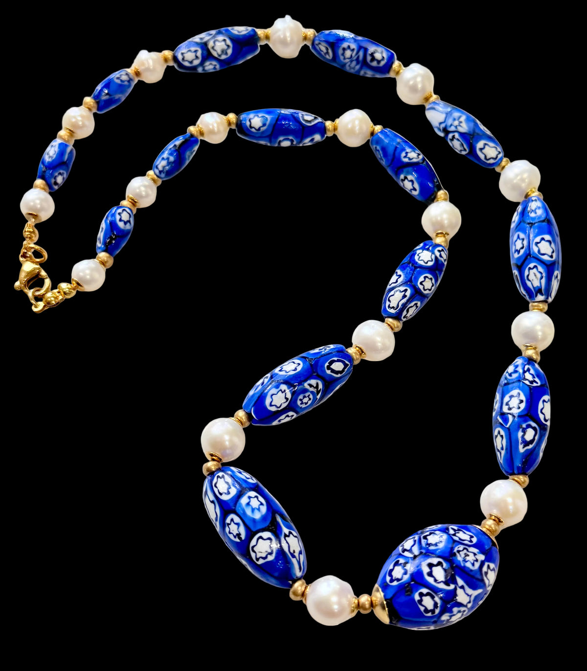 One Of A Kind 22”Blue & White Murano Glass Beads Paired with Fine White Freshwater Pears