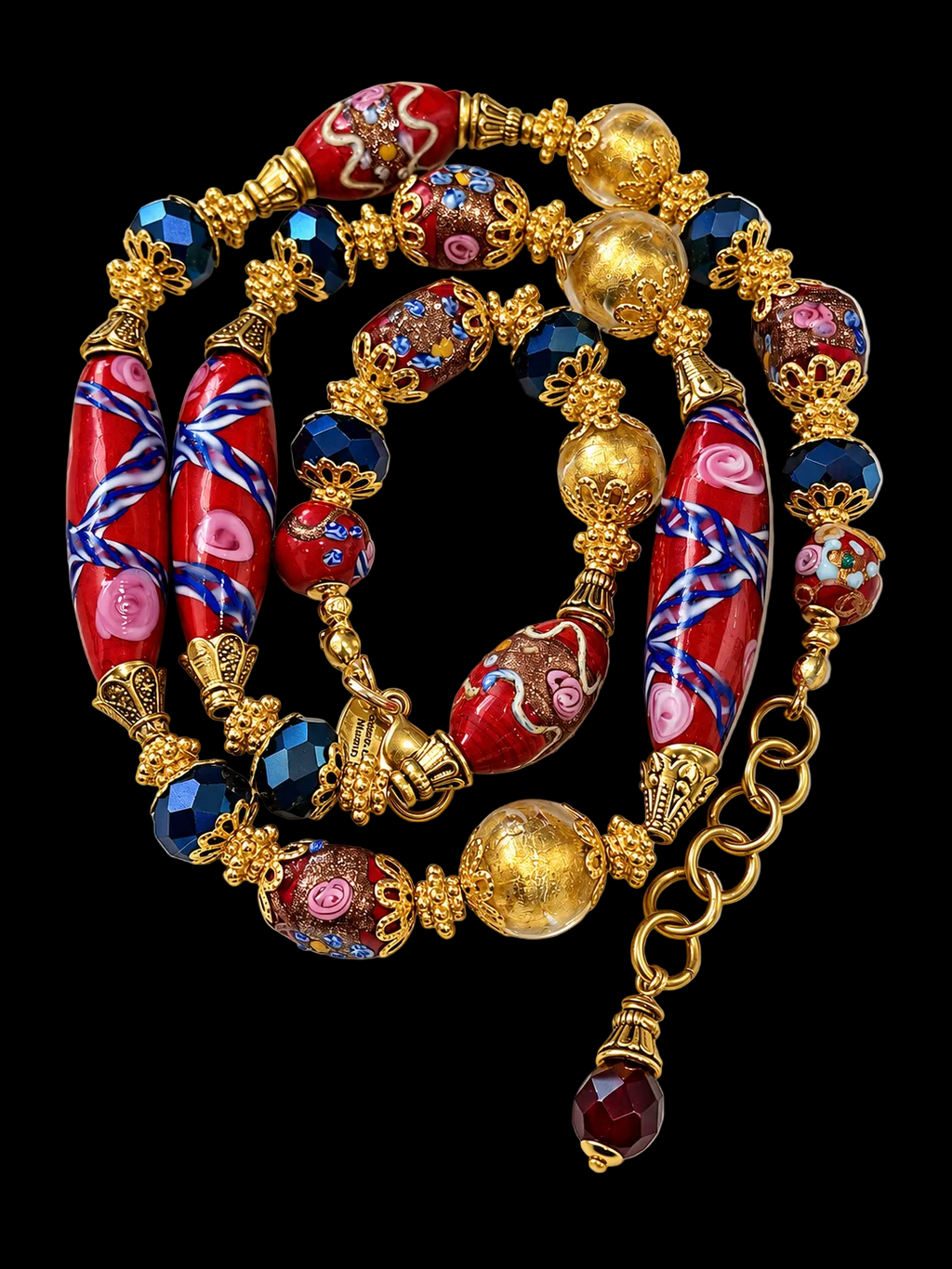 Rosario Leonardi Vintage Red Venetian Wedding Cake & 24K Yellow Gold Glass Beaded Necklace