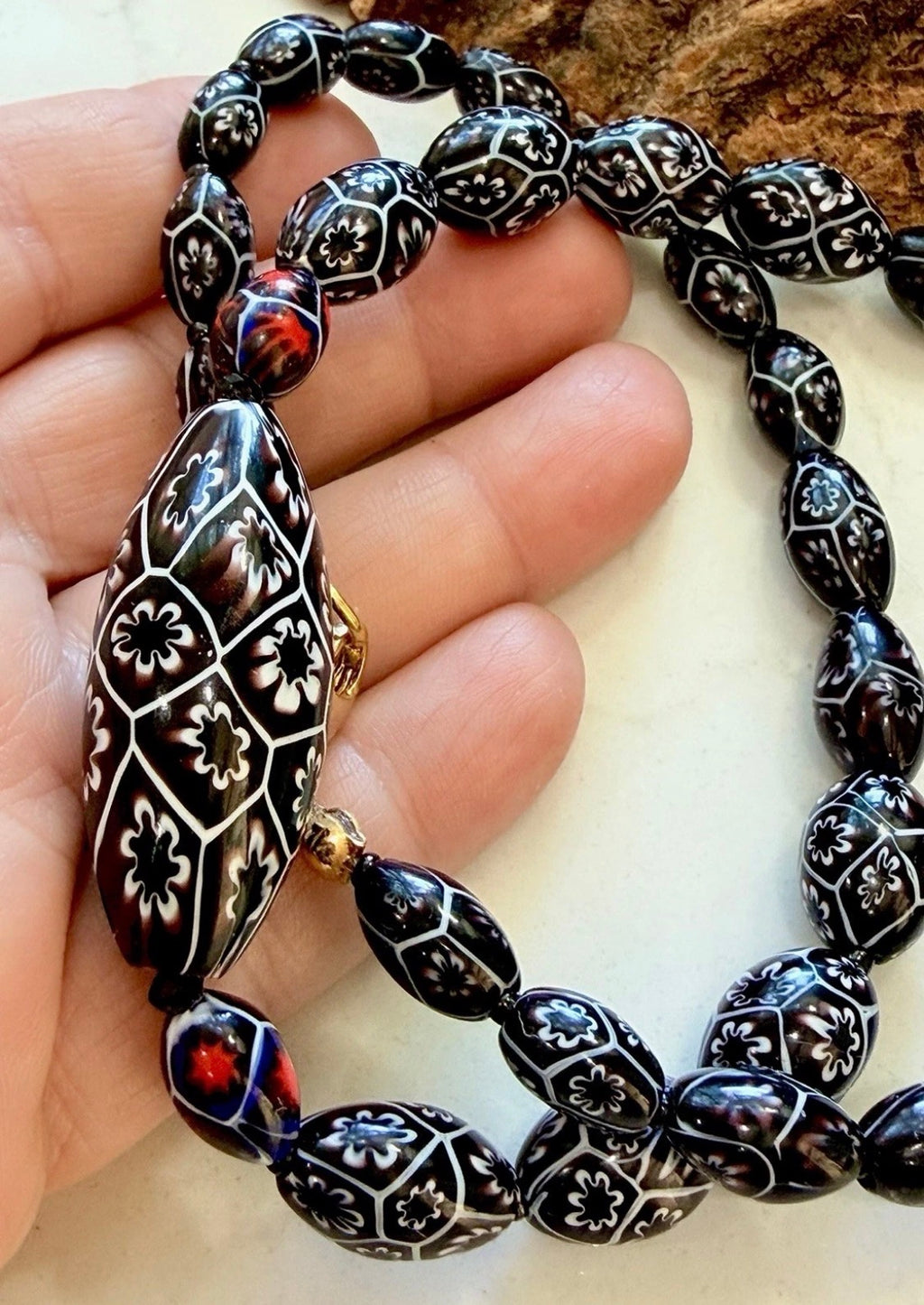 Rosario Leonardi Black & White 20” Featuring Ercole Moretti 1920’s Beads, Including an Extra Large Focal Bead