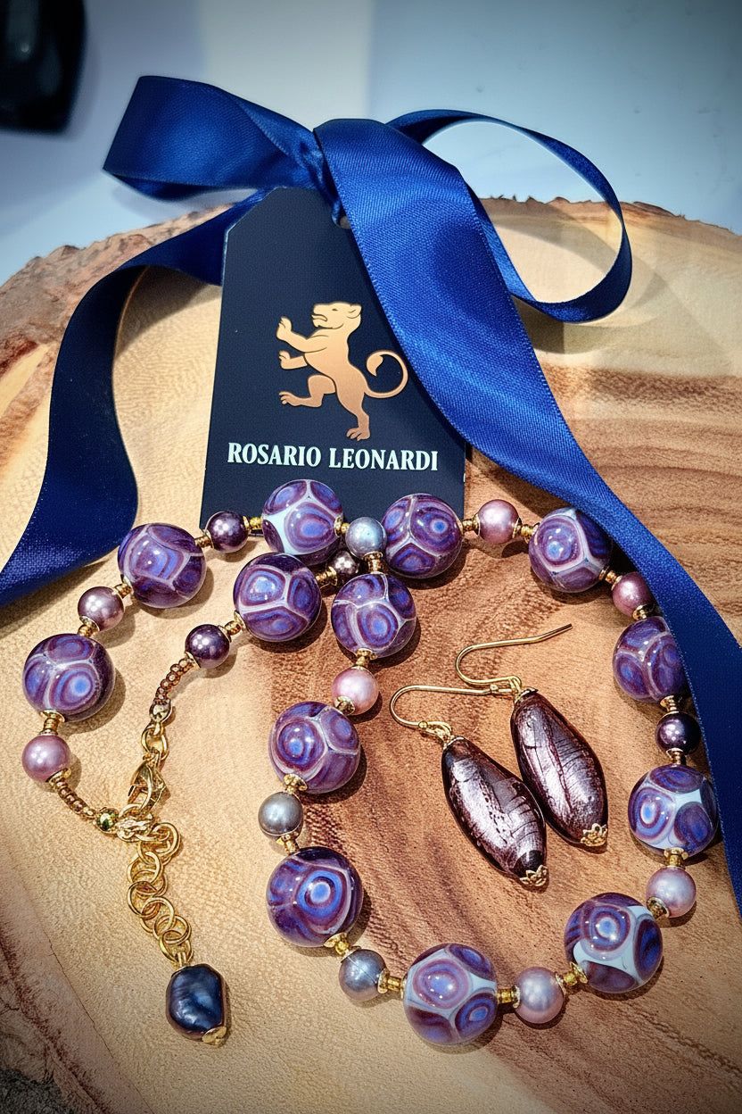 Rosario Leonardi Purple Choker & Earring Set Featuring Ercole Moretti & Vintage Foil Beads