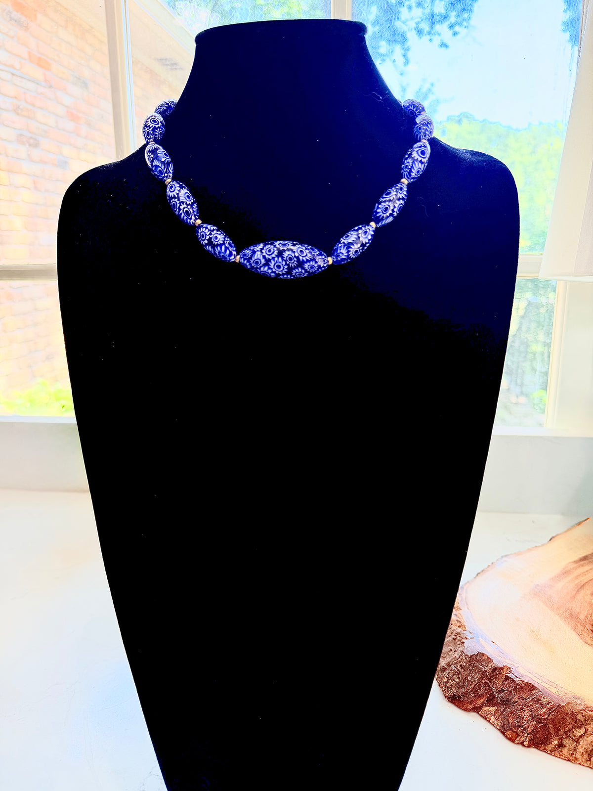 Rosario Leonardi Cobalt Blue Neckalce Featuring Handmade Murano Millefiori Torpedo Glass Beads