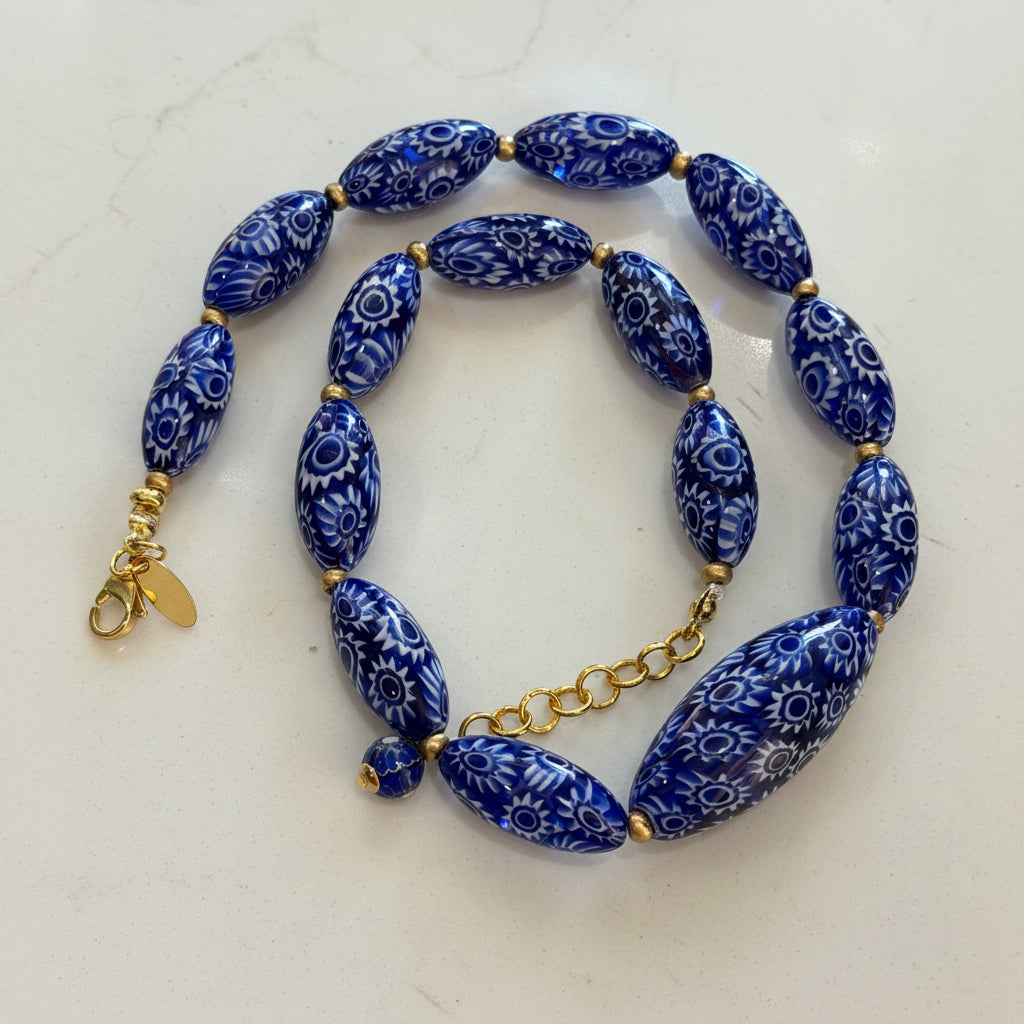 Rosario Leonardi Cobalt Blue Neckalce Featuring Handmade Murano Millefiori Torpedo Glass Beads