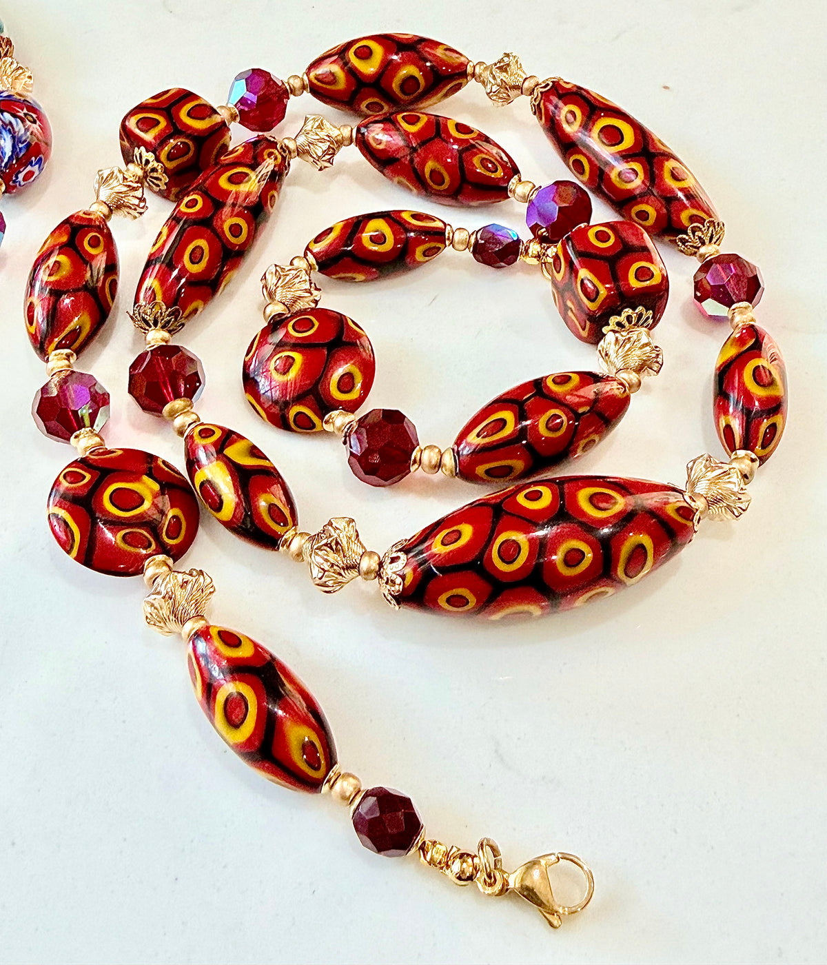 Rosario Leonardi Red & Orange Themed Necklace Featuring 12k GF Lantern Beads, Red A/B Vintage Swarovski Crystals & Exclusive Custom Beads