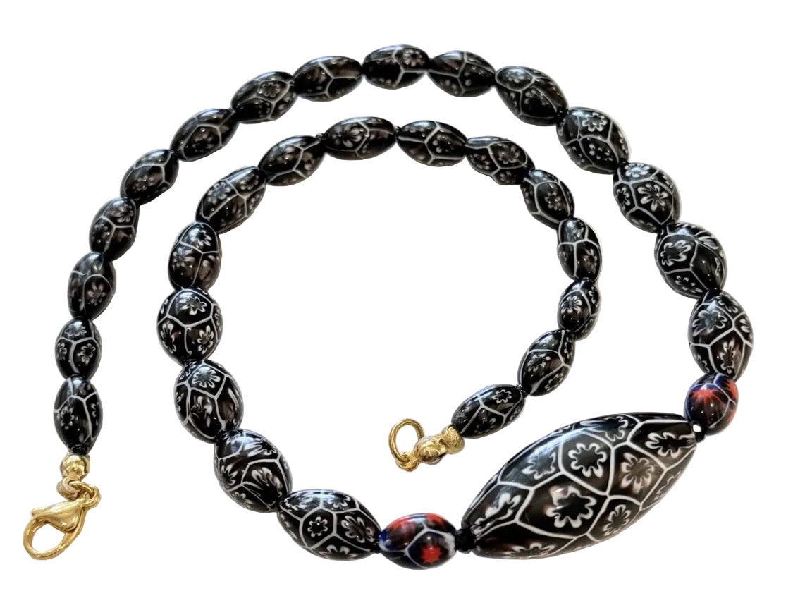 Rosario Leonardi Black & White 20” Featuring Ercole Moretti 1920’s Beads, Including an Extra Large Focal Bead