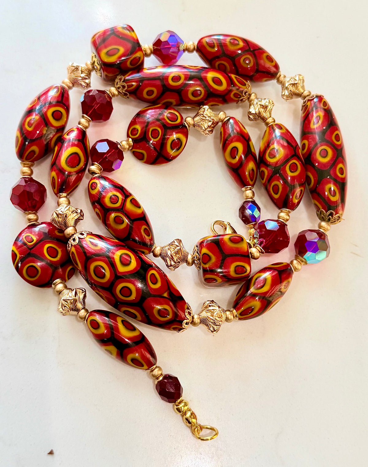 Rosario Leonardi Red & Orange Themed Necklace Featuring 12k GF Lantern Beads, Red A/B Vintage Swarovski Crystals & Exclusive Custom Beads