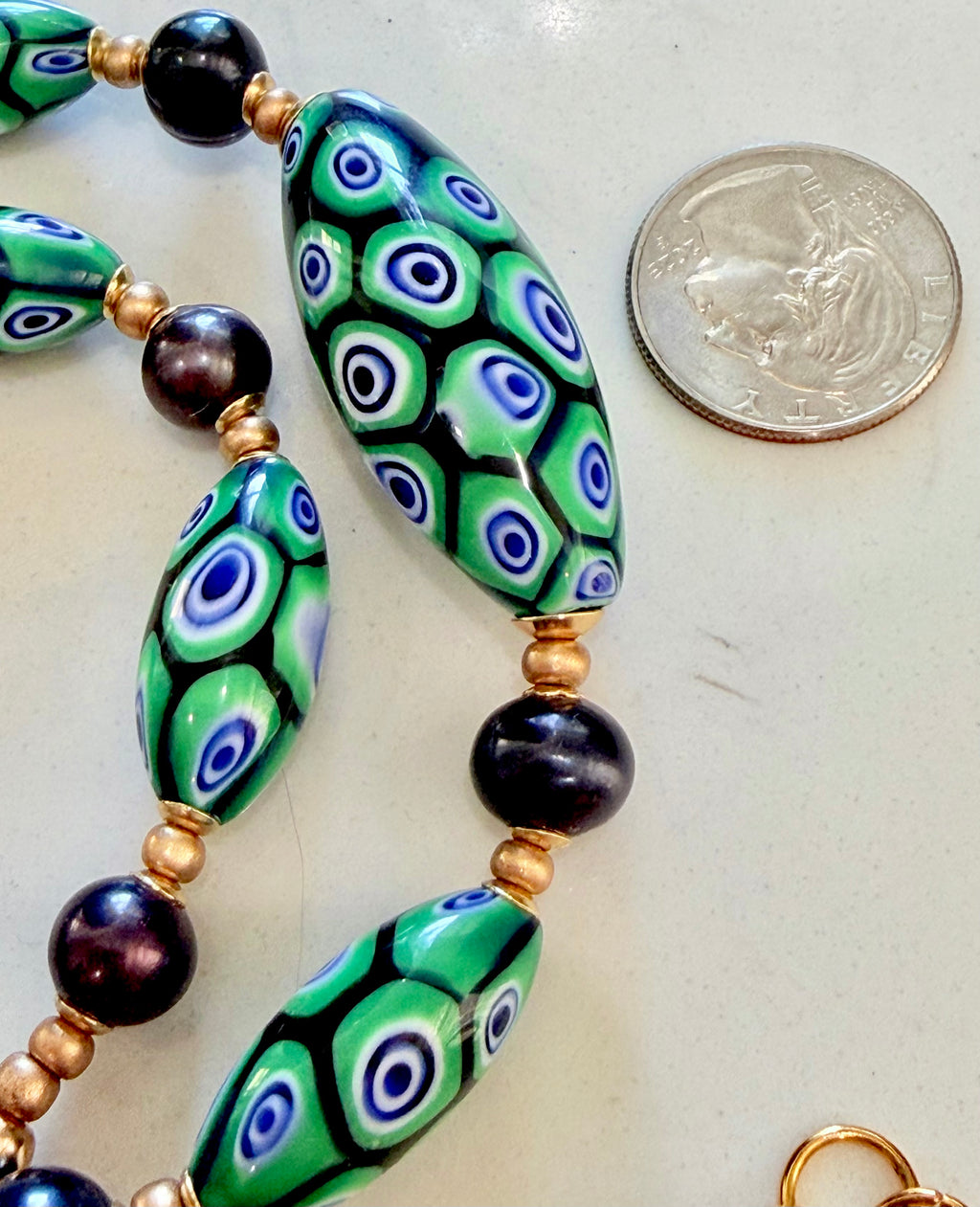 Rosario Leonardi Dramatic Green & Navy Themed 22” Necklace Featuring Black Freshwater Pearls