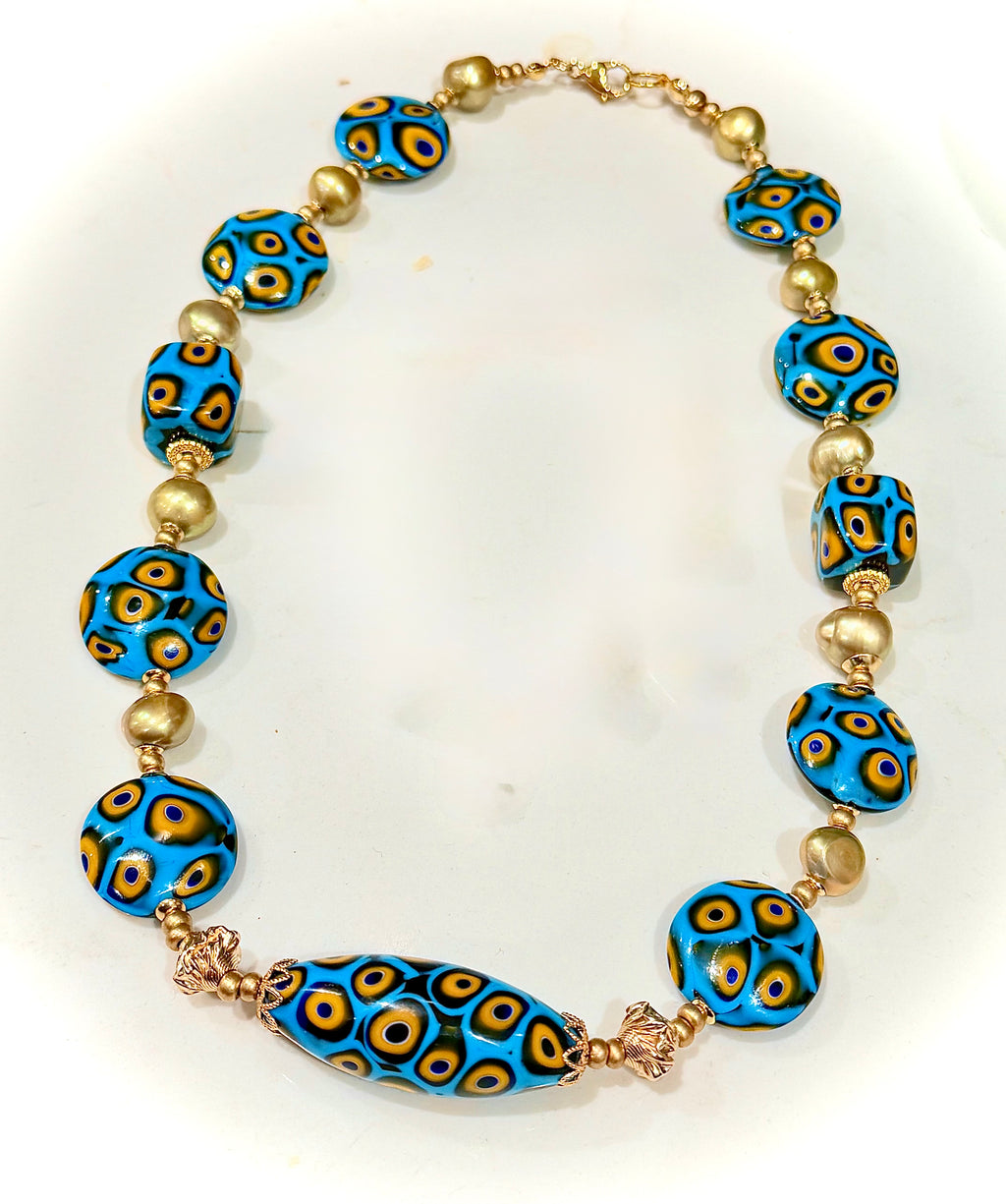 Rosario Leonardi Aqua & Yellow Themed Necklace Gold Freshwater Pearls