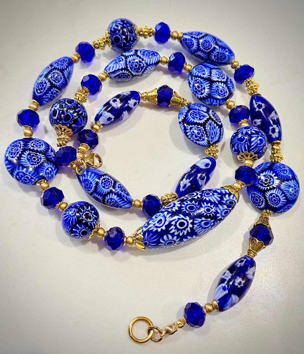Rosario Leonardi Exclusive Ercole Moretti Cobalt Blue/ White Murano Millefiori Beaded Necklace-Choose your lenght