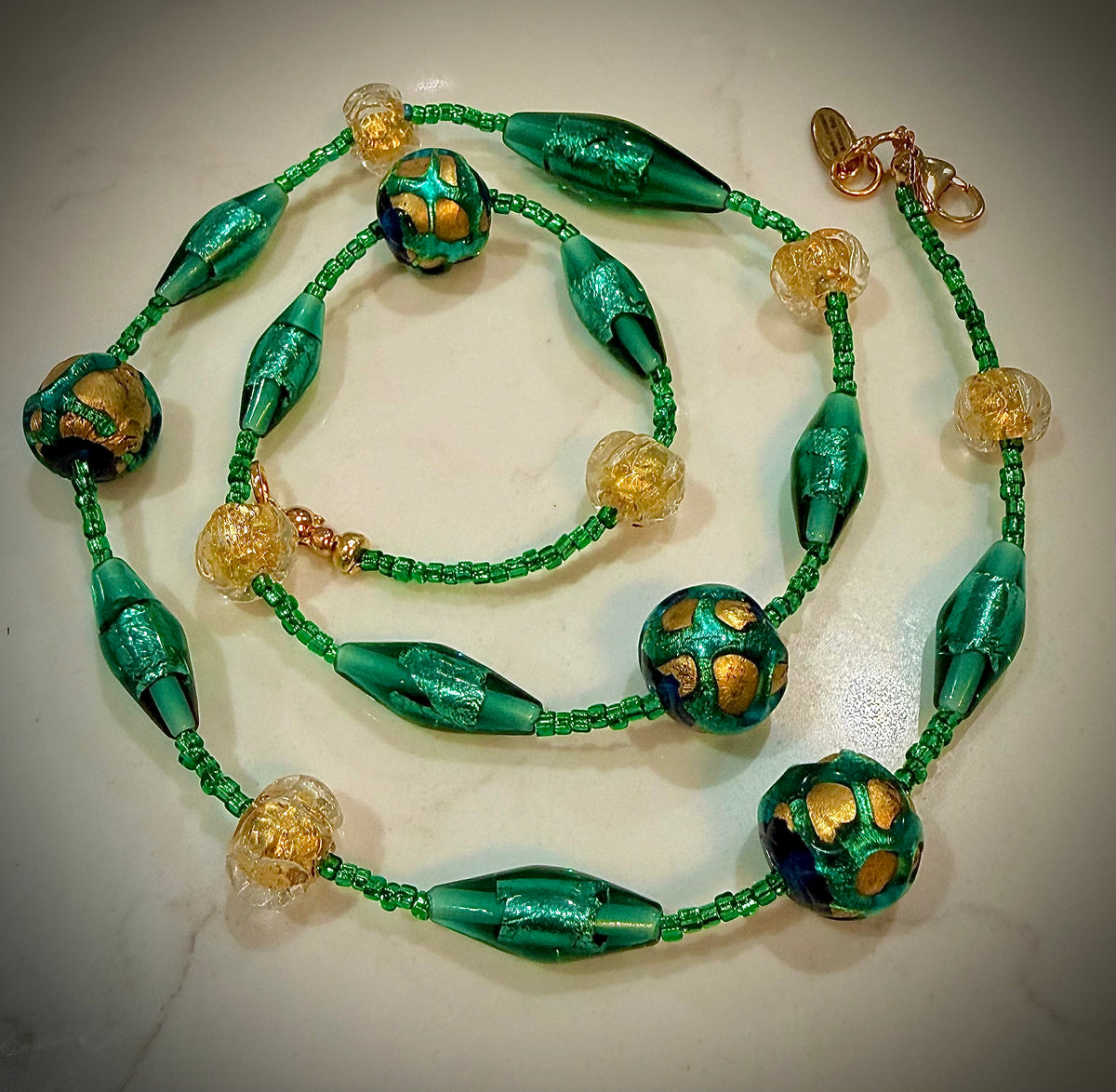 Rosario Leonardi “Boy That’s Green & Gold!” Murano Lampwork & Czech Glass Necklace, One of a Kind.