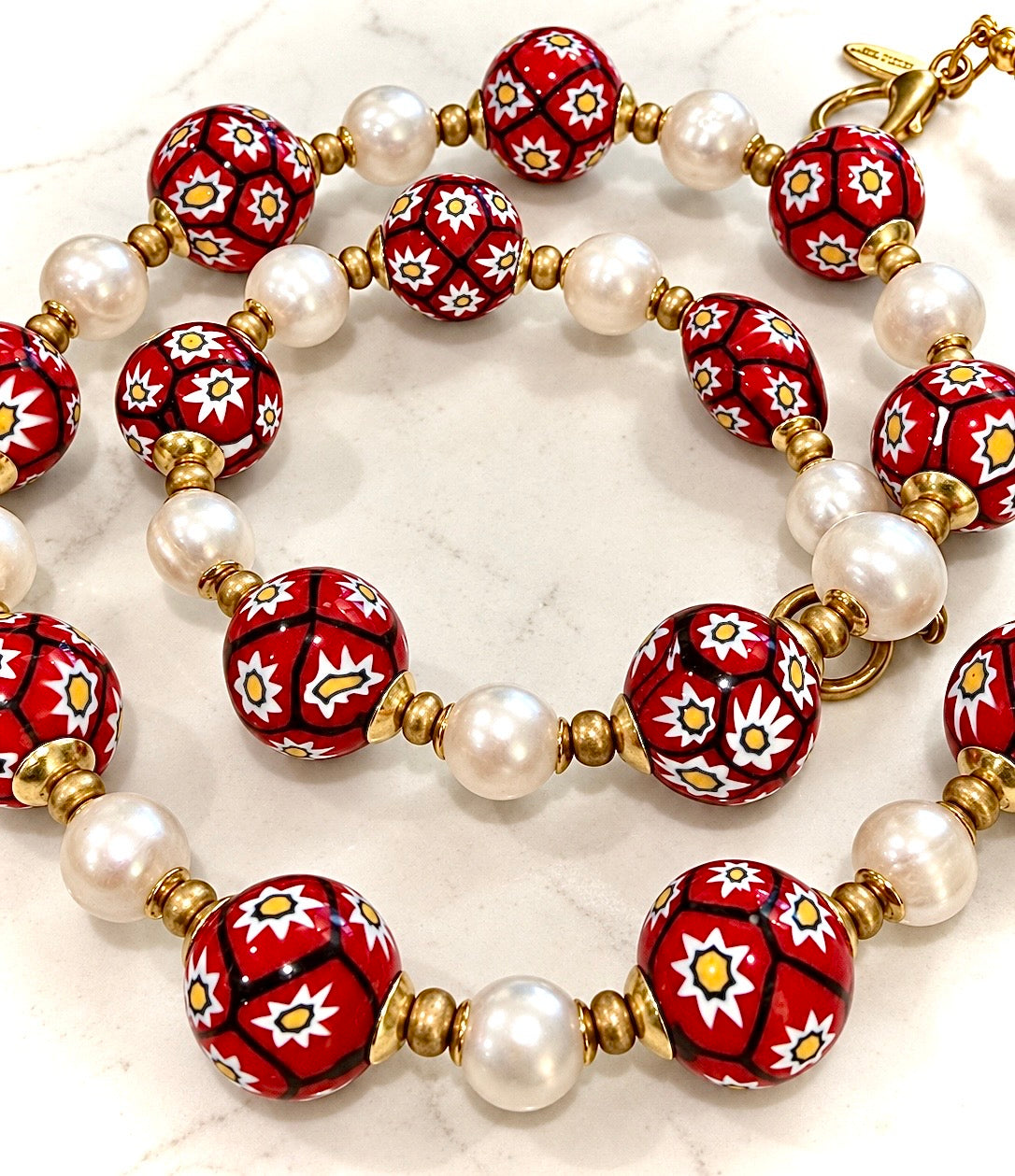 Rosario Leonardi Vintage Red & White Vintage Ercole Moretti Red & White Flowered Beads With White Freshwater Pearls 22”Necklace