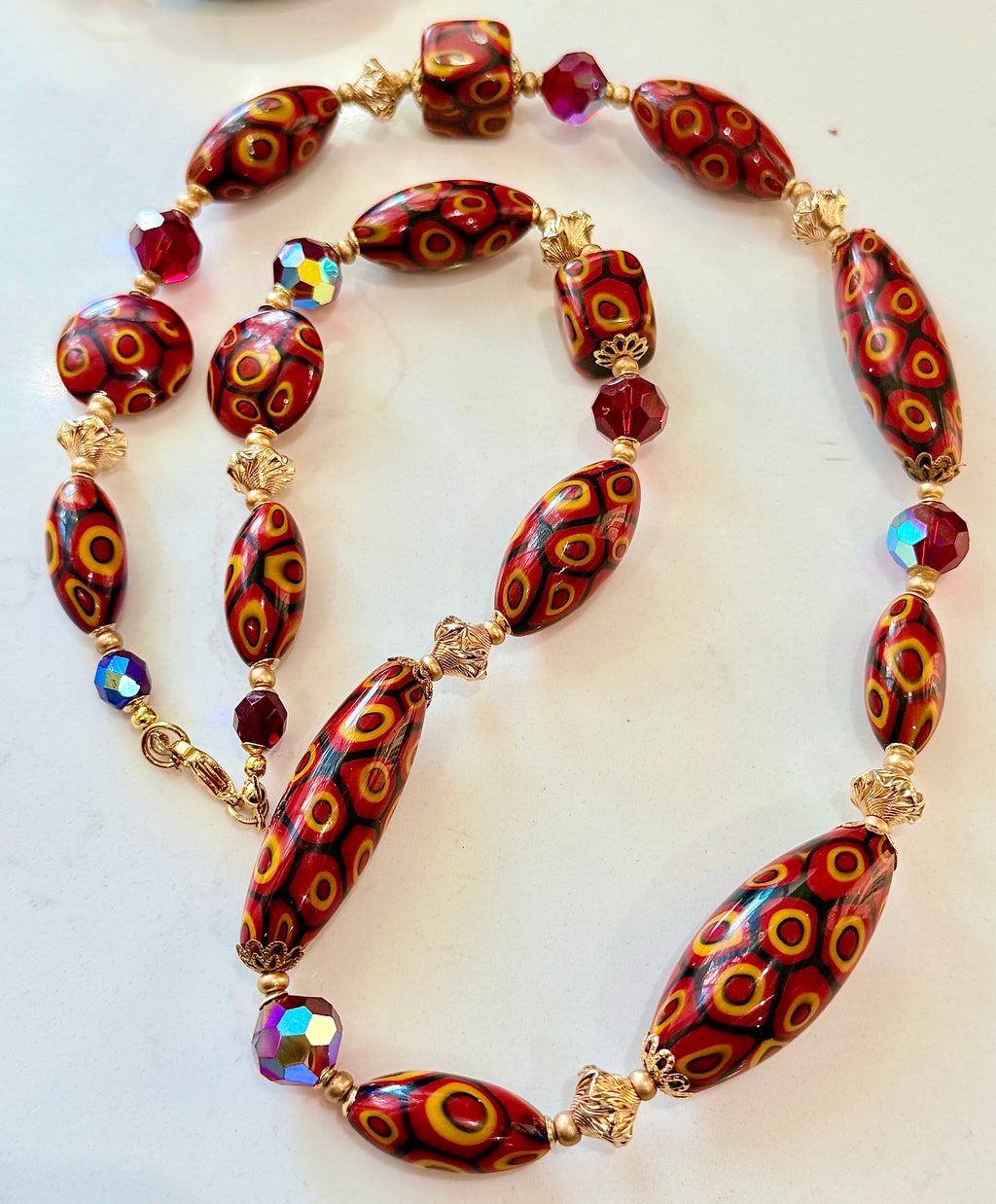 Rosario Leonardi Red & Orange Themed Necklace Featuring 12k GF Lantern Beads, Red A/B Vintage Swarovski Crystals & Exclusive Custom Beads