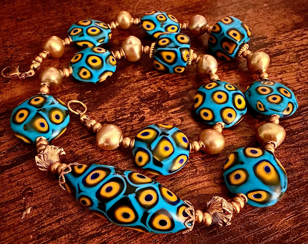 Rosario Leonardi Aqua & Yellow Themed Necklace Gold Freshwater Pearls