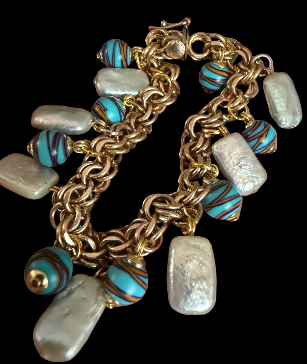 One of a kind 12k GF 1950’s Charm Bracelet Adorned With Rectangular White Freshwater Pearls & Ercole Moretti Aqua Ribbon Beads