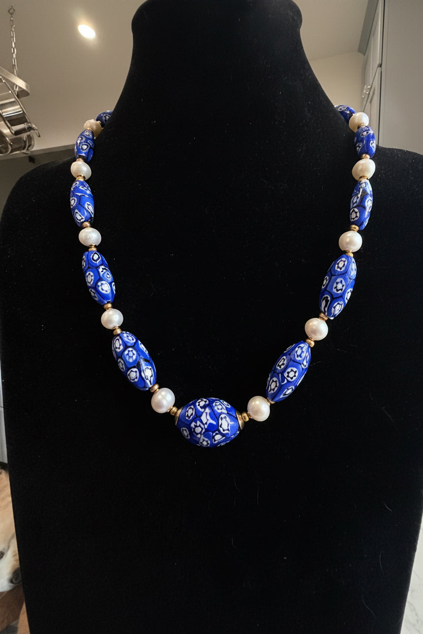 One Of A Kind 22”Blue & White Murano Glass Beads Paired with Fine White Freshwater Pears