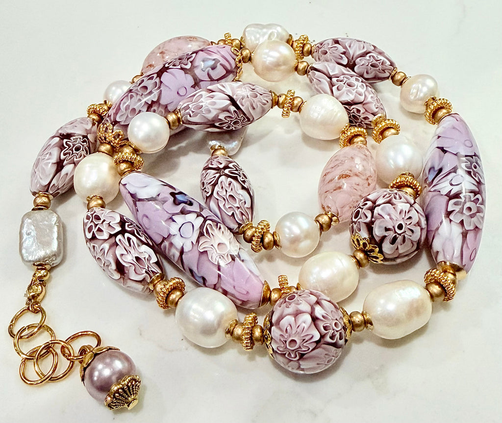 26”Rosario Leonardi Pale Pink Neckalce Featuring Exclusive Murano Millefiori Glass Beads