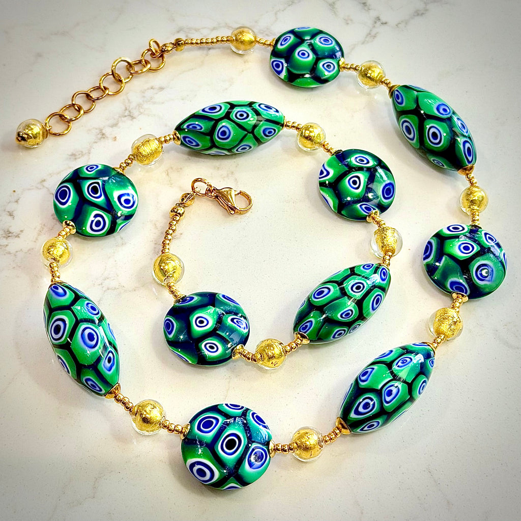 Rosario Leonardi “Green & Gold Goddess” Necklace Featuring EXCLUSIVE Ercole Moretti Beads