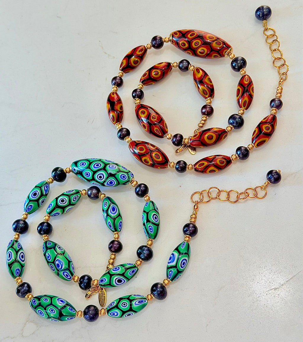 Rosario Leonardi Dramatic Green & Navy Themed 22” Necklace Featuring Black Freshwater Pearls