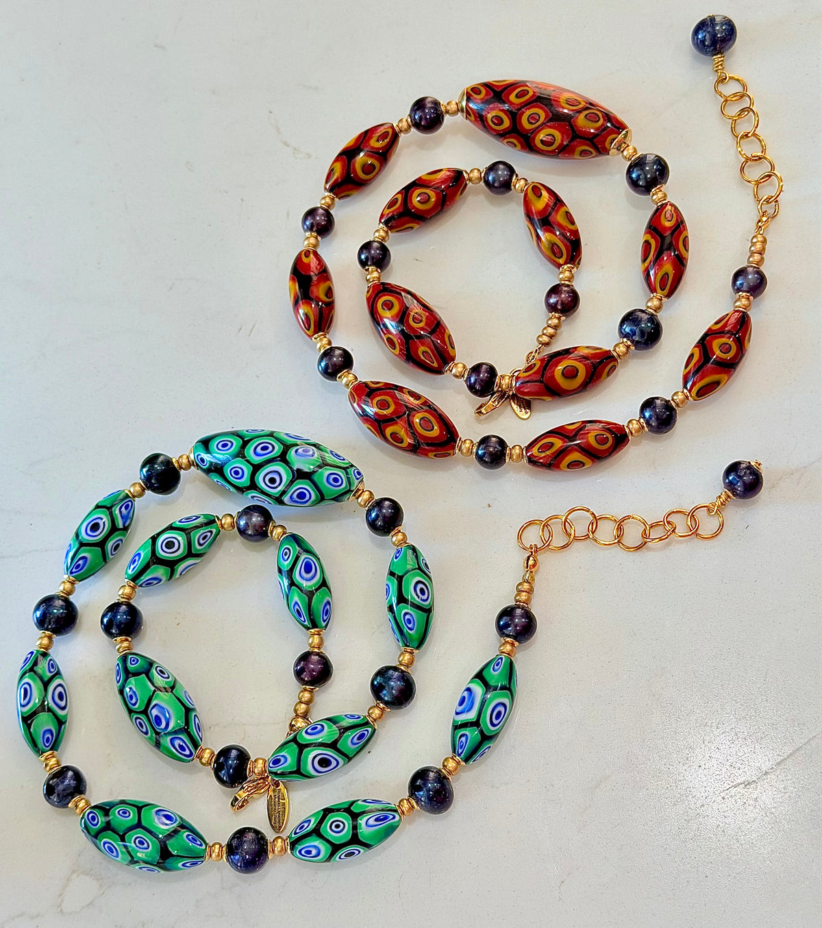 Rosario Leonardi Dramatic Green & Navy Themed 22” Necklace Featuring Black Freshwater Pearls