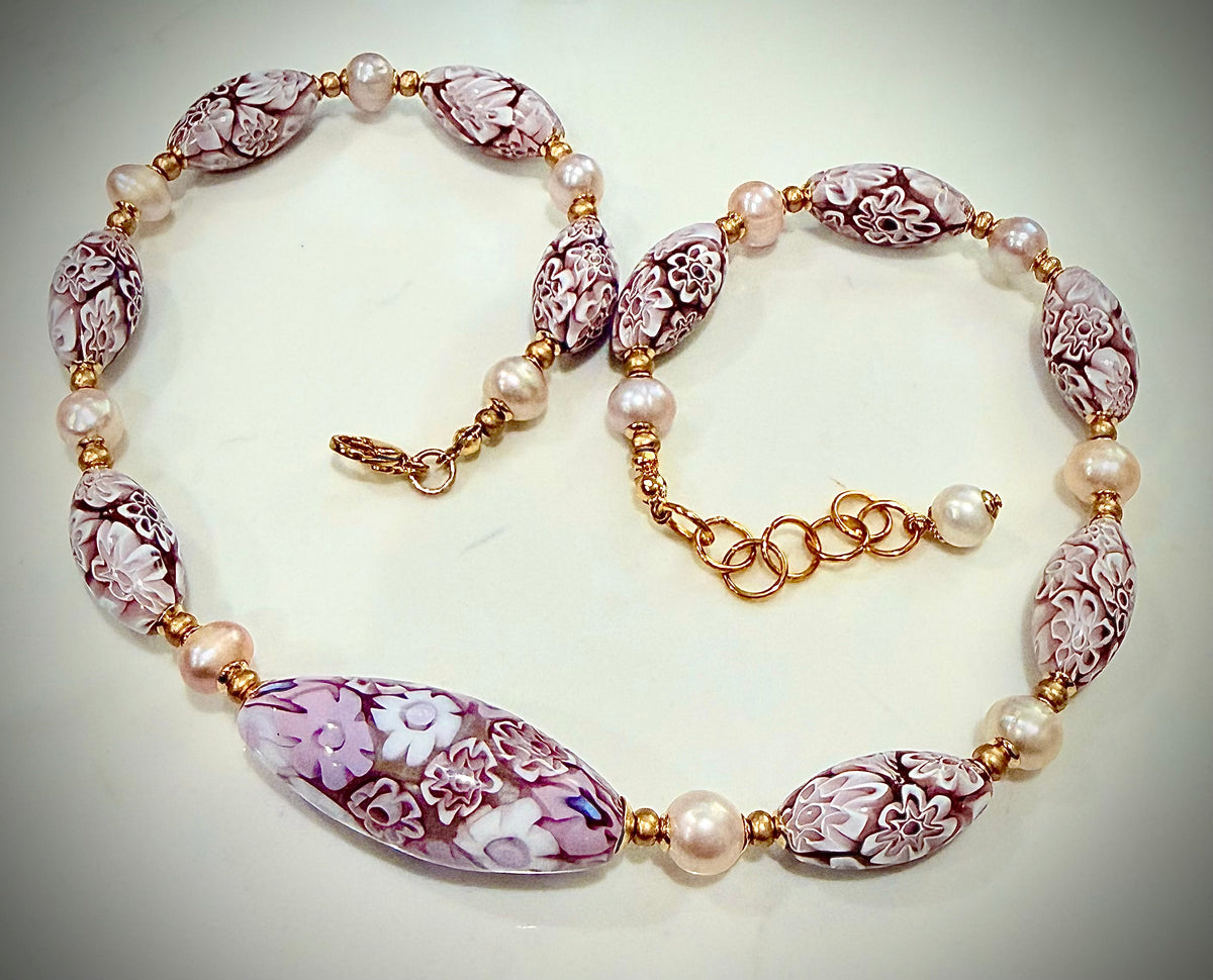 Rosario Leonardi Pale Pink Neckalce Featuring Exclusive Murano Millefiori Glass Beads