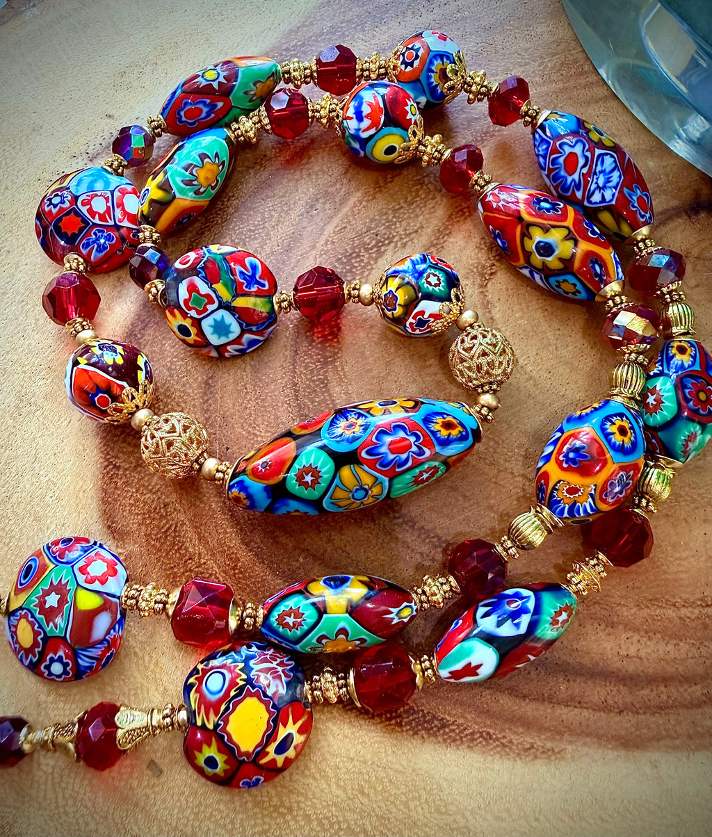 Rosario Leonardi Red Patterned Murano Millefiori Ercole Moretti Beaded Necklace-Choose your lenghti
