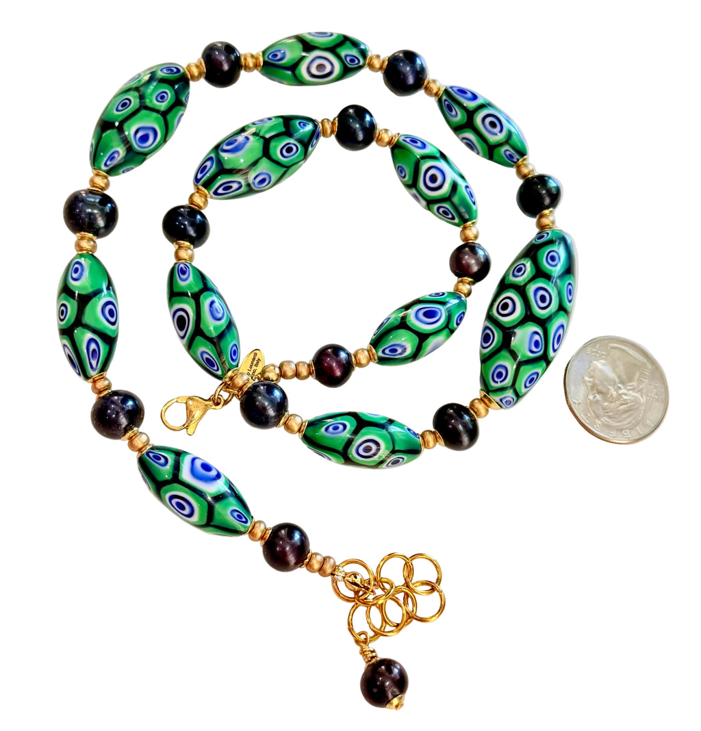 Rosario Leonardi Dramatic Green & Navy Themed 22” Necklace Featuring Black Freshwater Pearls