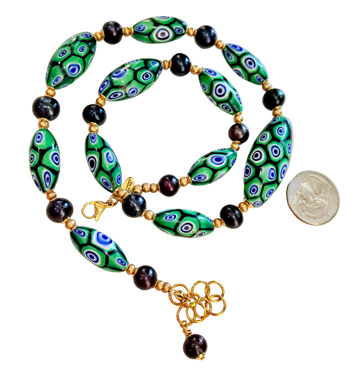 Rosario Leonardi Dramatic Green & Navy Themed 22” Necklace Featuring Black Freshwater Pearls