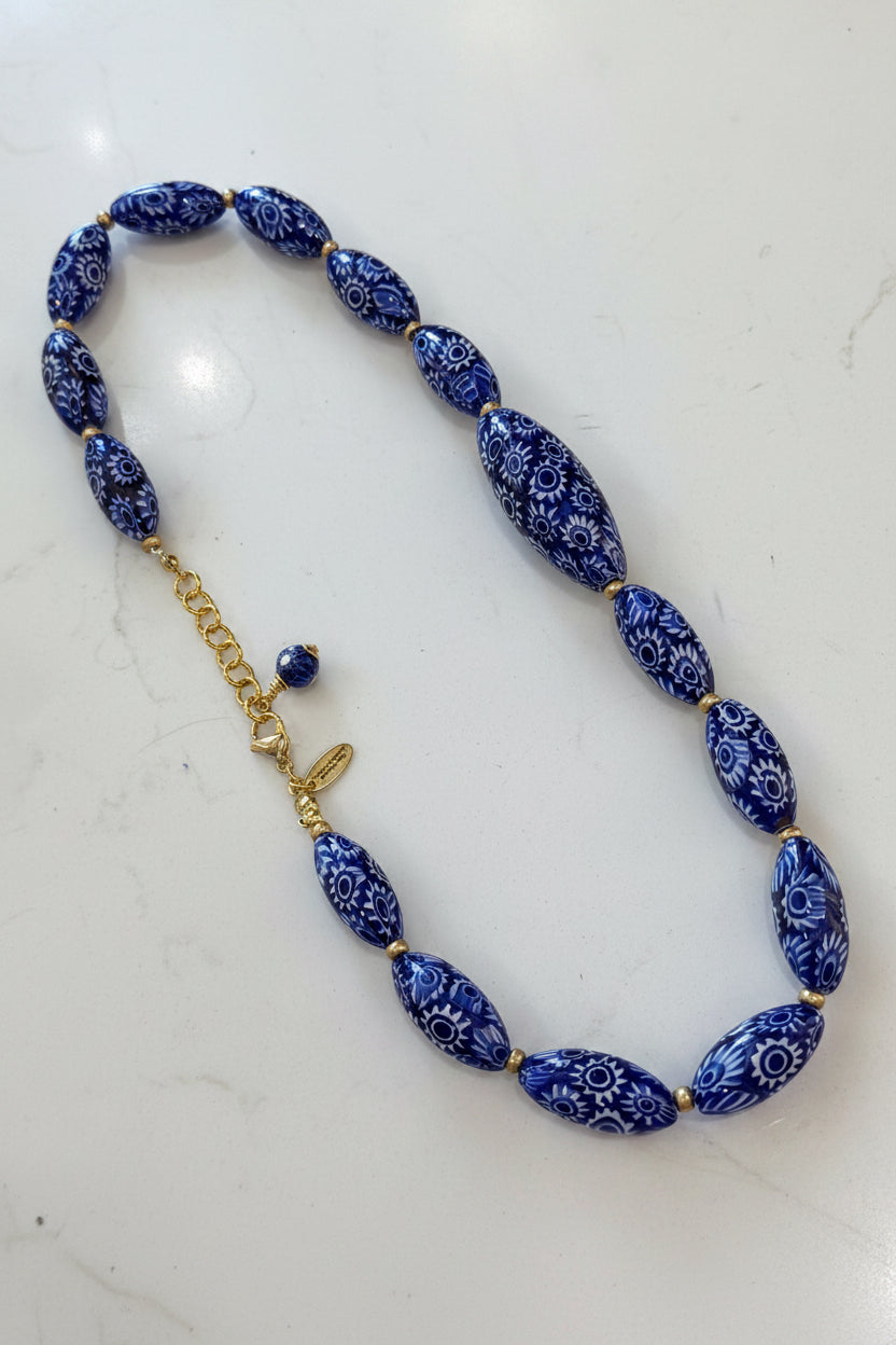 Rosario Leonardi Cobalt Blue Neckalce Featuring Handmade Murano Millefiori Torpedo Glass Beads