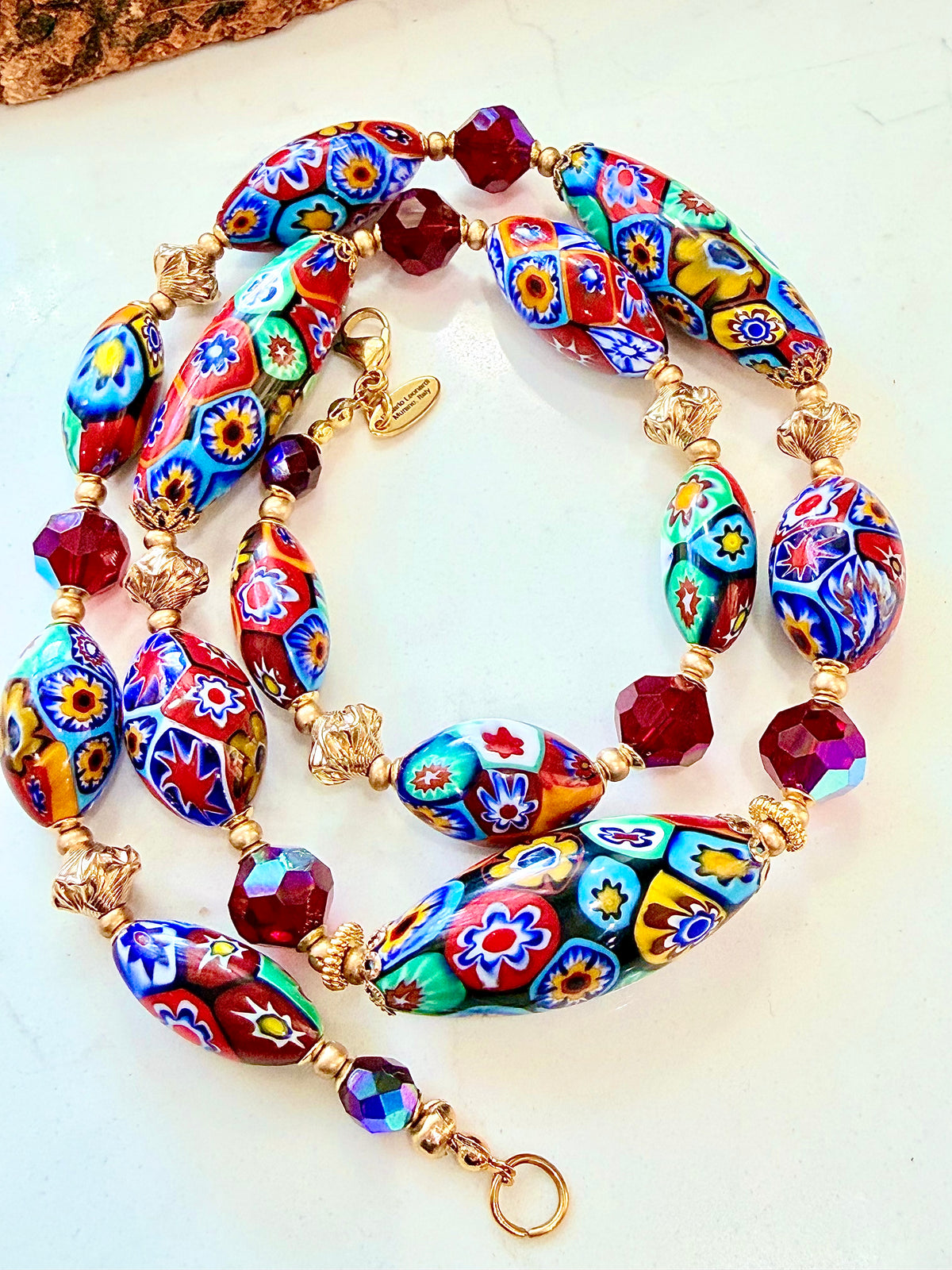 Rosario Leonardi Red Themed Necklace Featuring 12k GF Lantern Beads, Red A/B Vintage Swarovski Crystals & Exclusive Custom Beads Made just for our shop