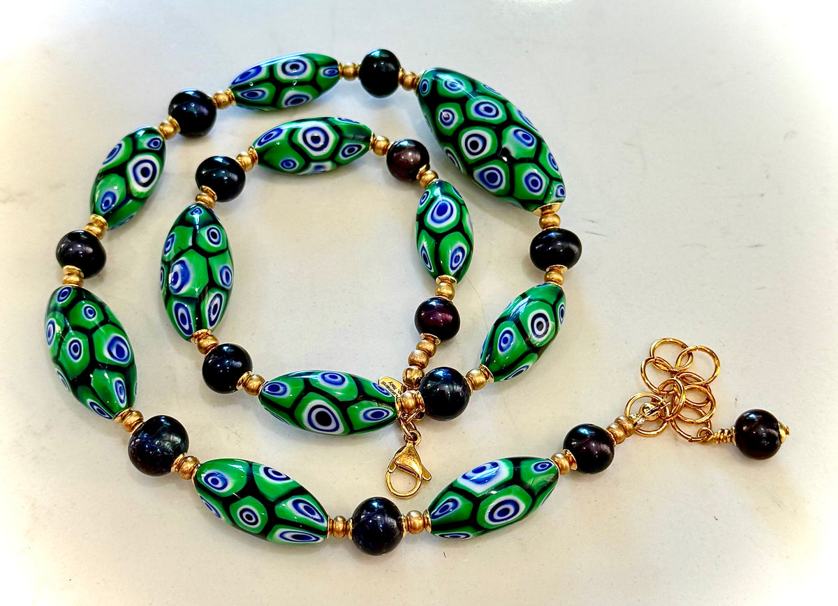 Rosario Leonardi Dramatic Green & Navy Themed 22” Necklace Featuring Black Freshwater Pearls