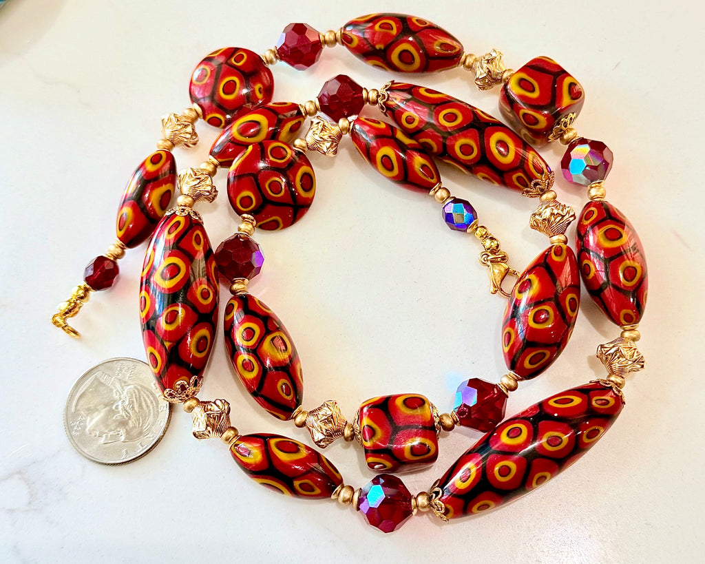 Rosario Leonardi Red & Orange Themed Necklace Featuring 12k GF Lantern Beads, Red A/B Vintage Swarovski Crystals & Exclusive Custom Beads