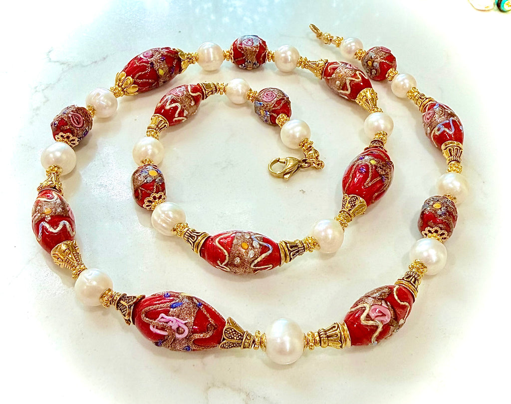 Rosario Leonardi Vintage Red Venetian Wedding Cake & White Freshwater Pearl Beaded Necklace