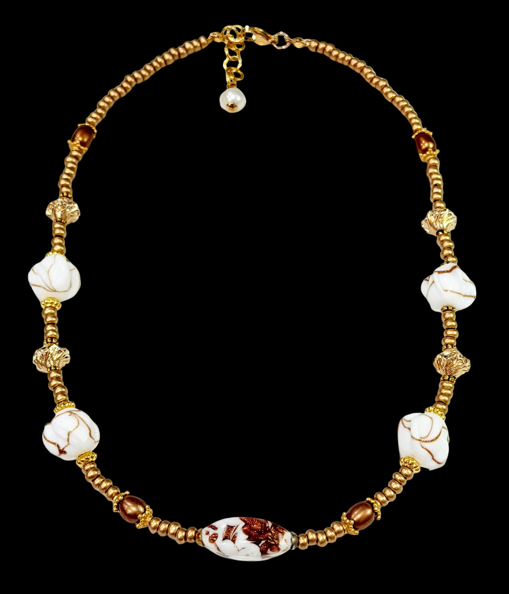 Petite Rosario Leonardi Gold Aventurine Themed Necklace Featuring Pearls, 12k Gold Filled Beads, German Glass & Ercole Moretti Focal Bead
