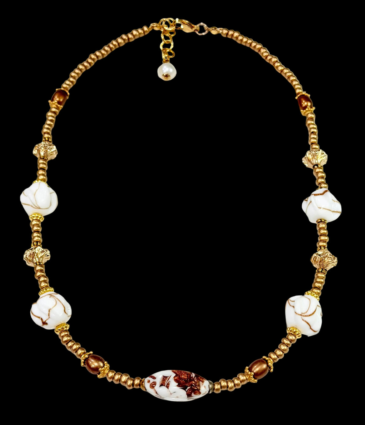 Petite Rosario Leonardi Gold Aventurine Themed Necklace Featuring Pearls, 12k Gold Filled Beads, German Glass & Ercole Moretti Focal Bead