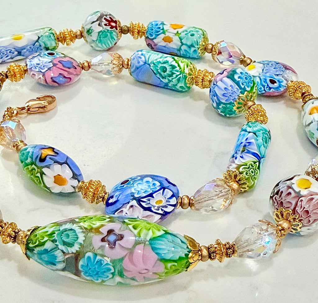 Pastel Lace Matched Millefiori Murano Glass Necklace Featuring Moretti Beads
