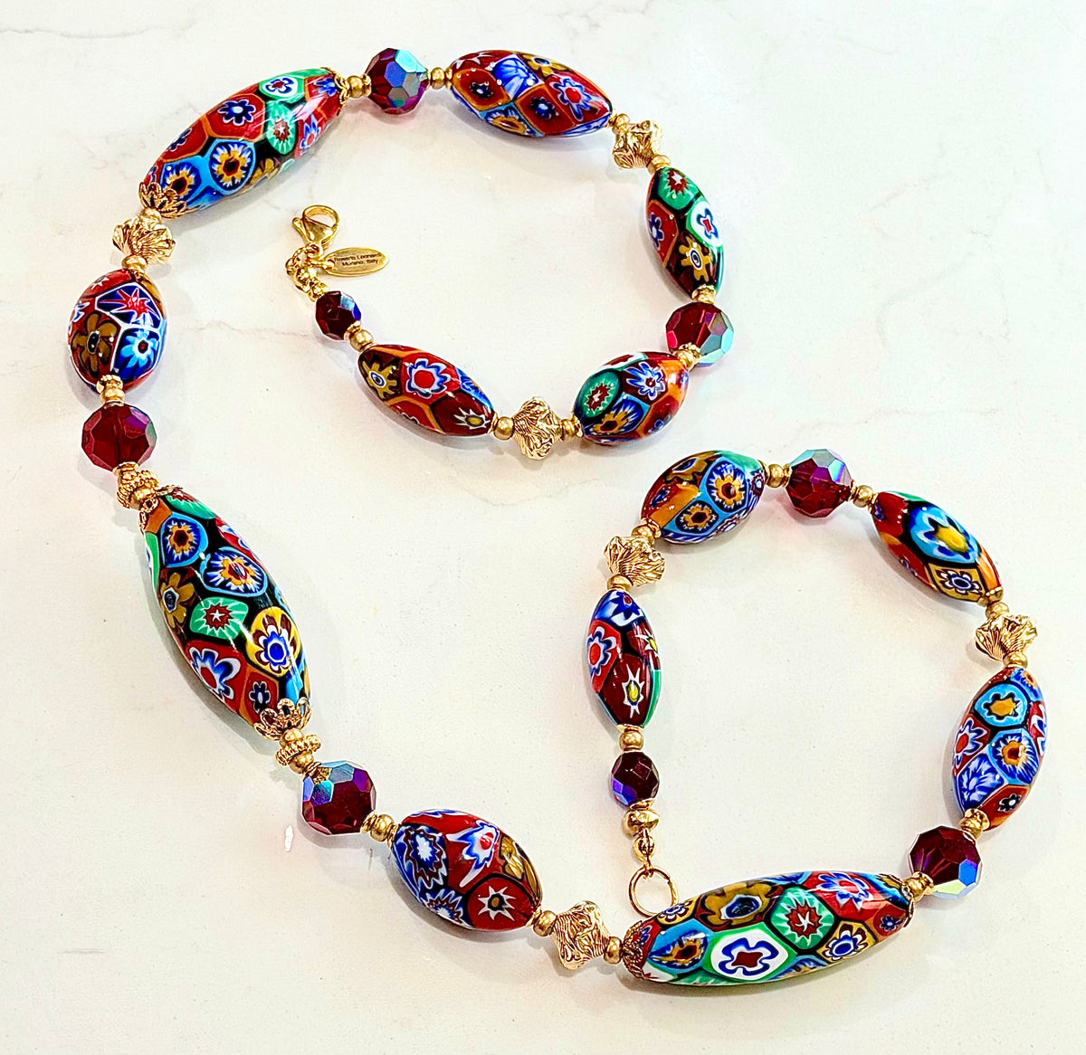 Rosario Leonardi Red Themed Necklace Featuring 12k GF Lantern Beads, Red A/B Vintage Swarovski Crystals & Exclusive Custom Beads Made just for our shop