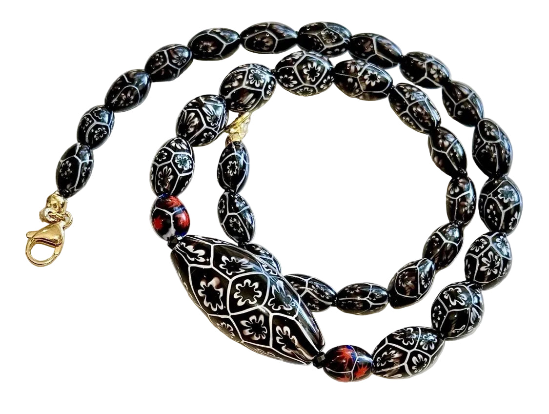 Rosario Leonardi Black & White 20” Featuring Ercole Moretti 1920’s Beads, Including an Extra Large Focal Bead