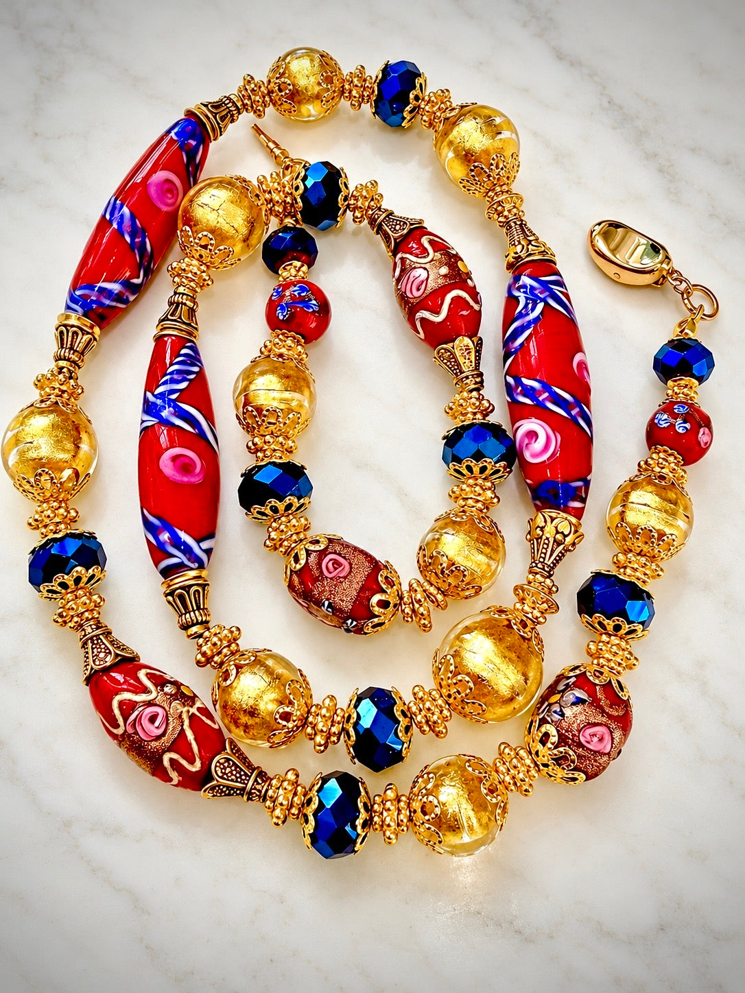 Rosario Leonardi Vintage Red Venetian Wedding Cake & 24K Yellow Gold Glass Beaded Necklace