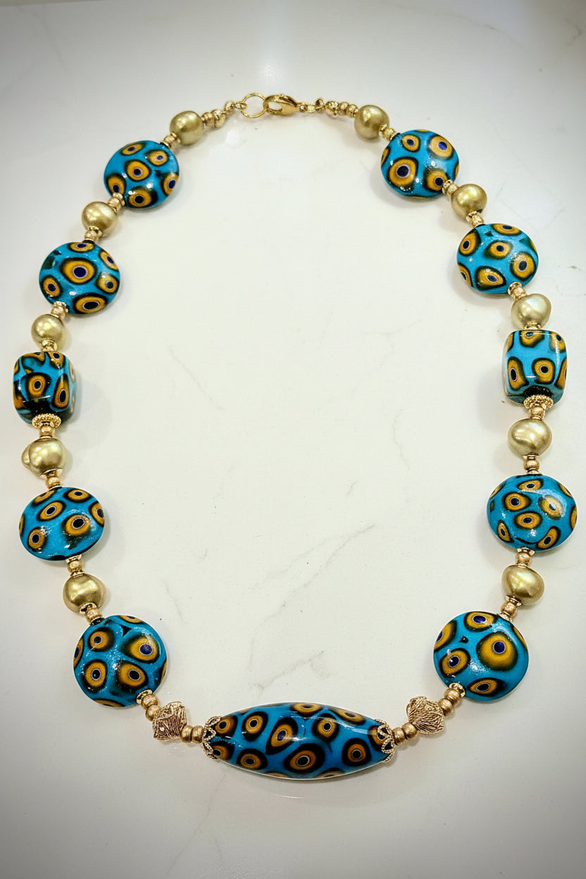 Rosario Leonardi Aqua & Yellow Themed Necklace Gold Freshwater Pearls