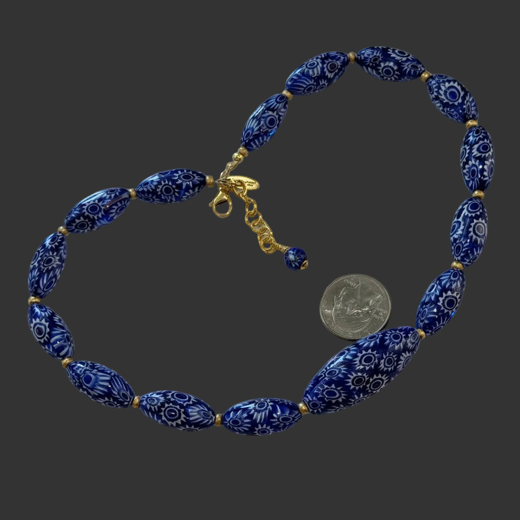 Rosario Leonardi Cobalt Blue Neckalce Featuring Handmade Murano Millefiori Torpedo Glass Beads