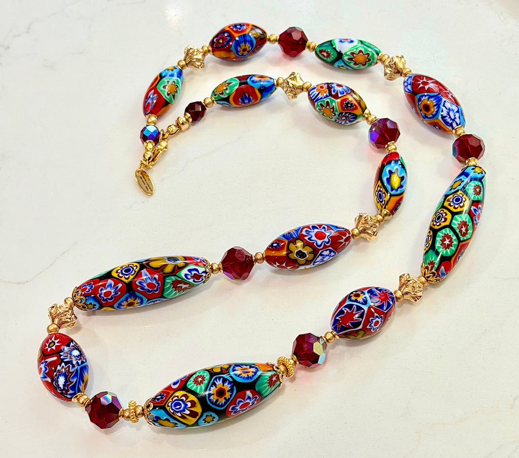 Rosario Leonardi Red Themed Necklace Featuring 12k GF Lantern Beads, Red A/B Vintage Swarovski Crystals & Exclusive Custom Beads Made just for our shop