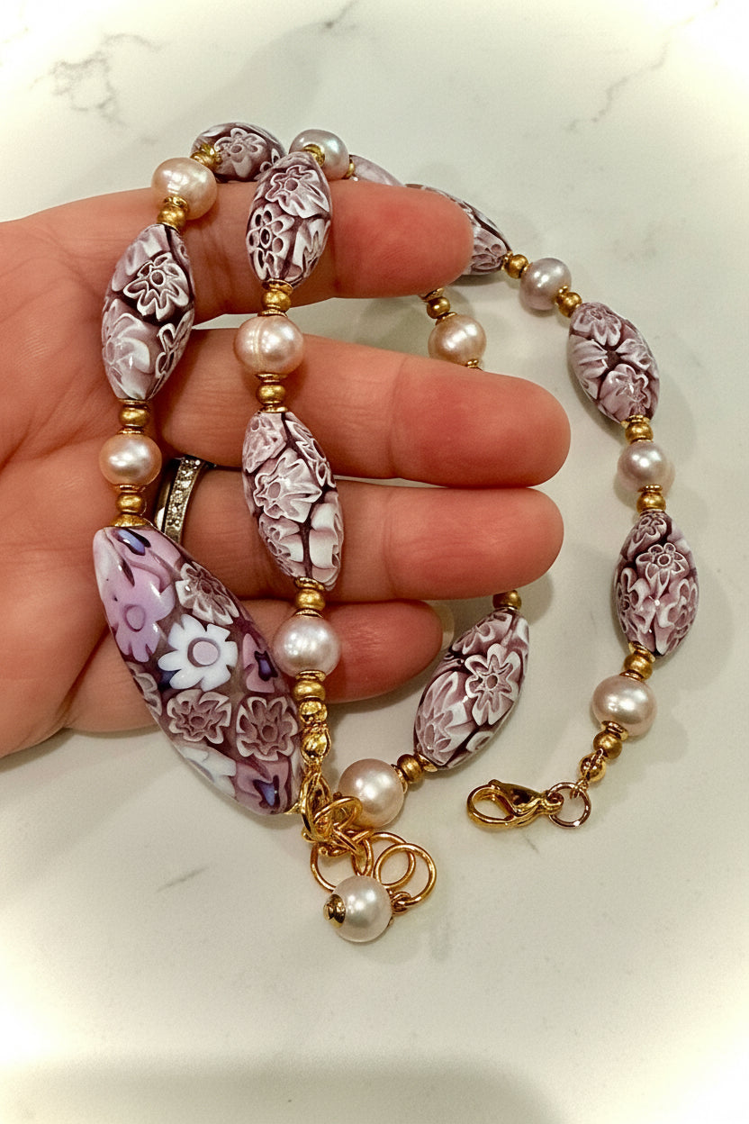 Rosario Leonardi Pale Pink Neckalce Featuring Exclusive Murano Millefiori Glass Beads
