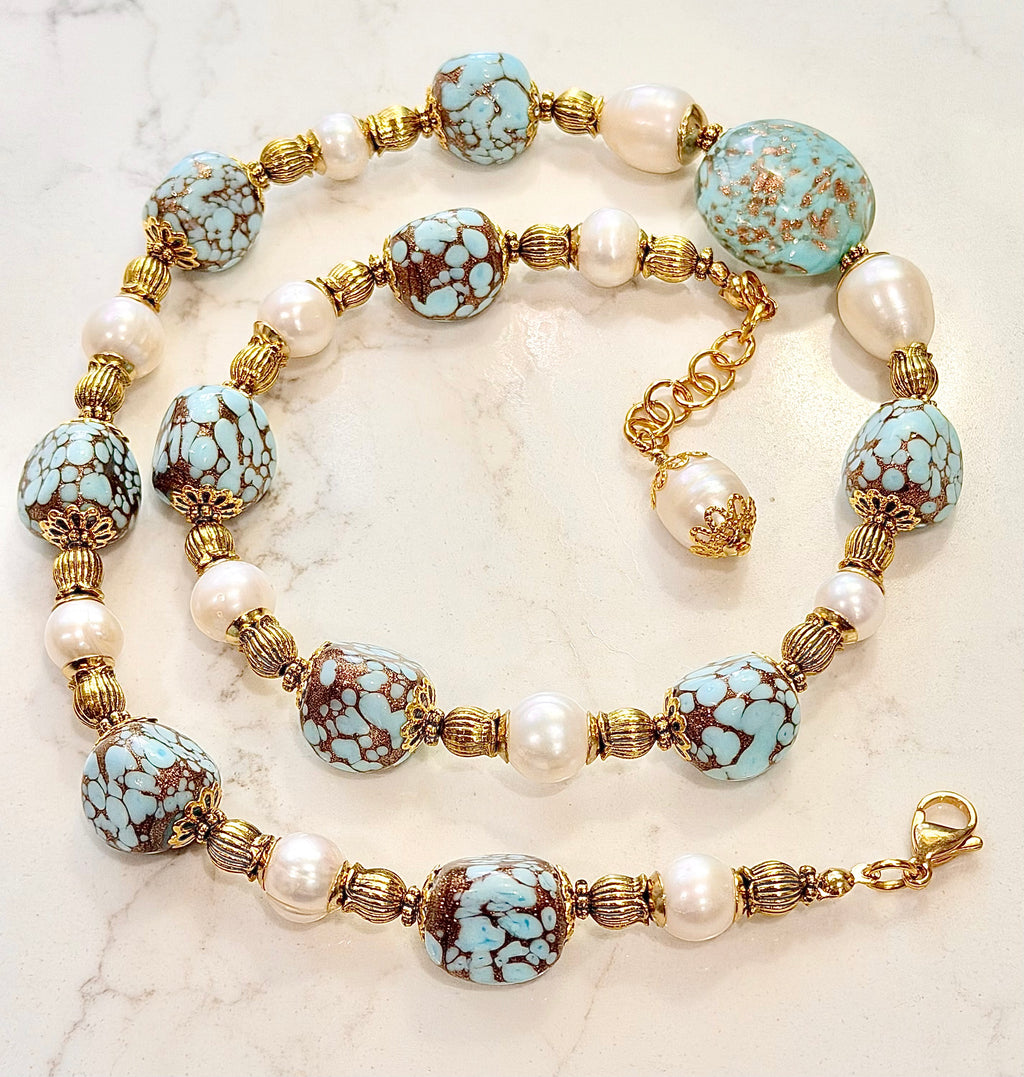 Rosario Leonardi Vintage Faux Turquoise Aventurine, Large Murano  Sommerso Focal Bead & White Freshwater Pearl Necklace