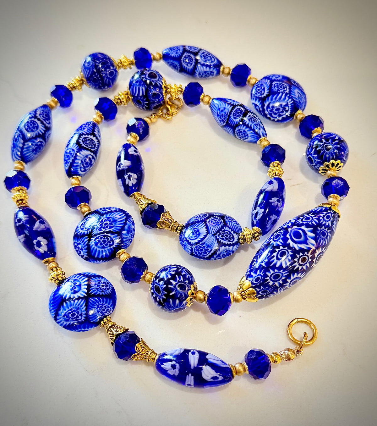 Rosario Leonardi Exclusive Ercole Moretti Cobalt Blue/ White Murano Millefiori Beaded Necklace-Choose your lenght
