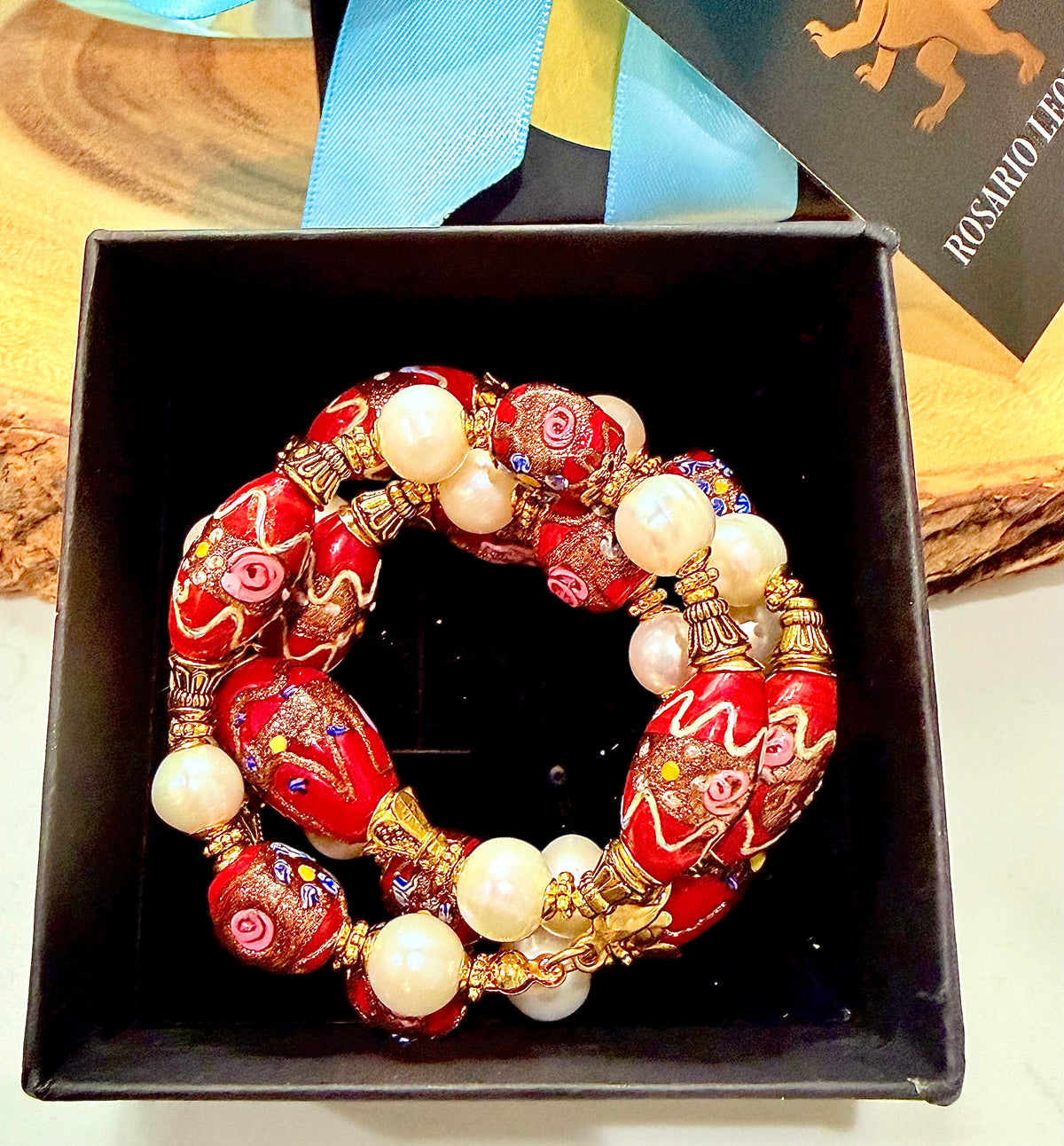 Rosario Leonardi Vintage Red Venetian Wedding Cake & White Freshwater Pearl Beaded Necklace