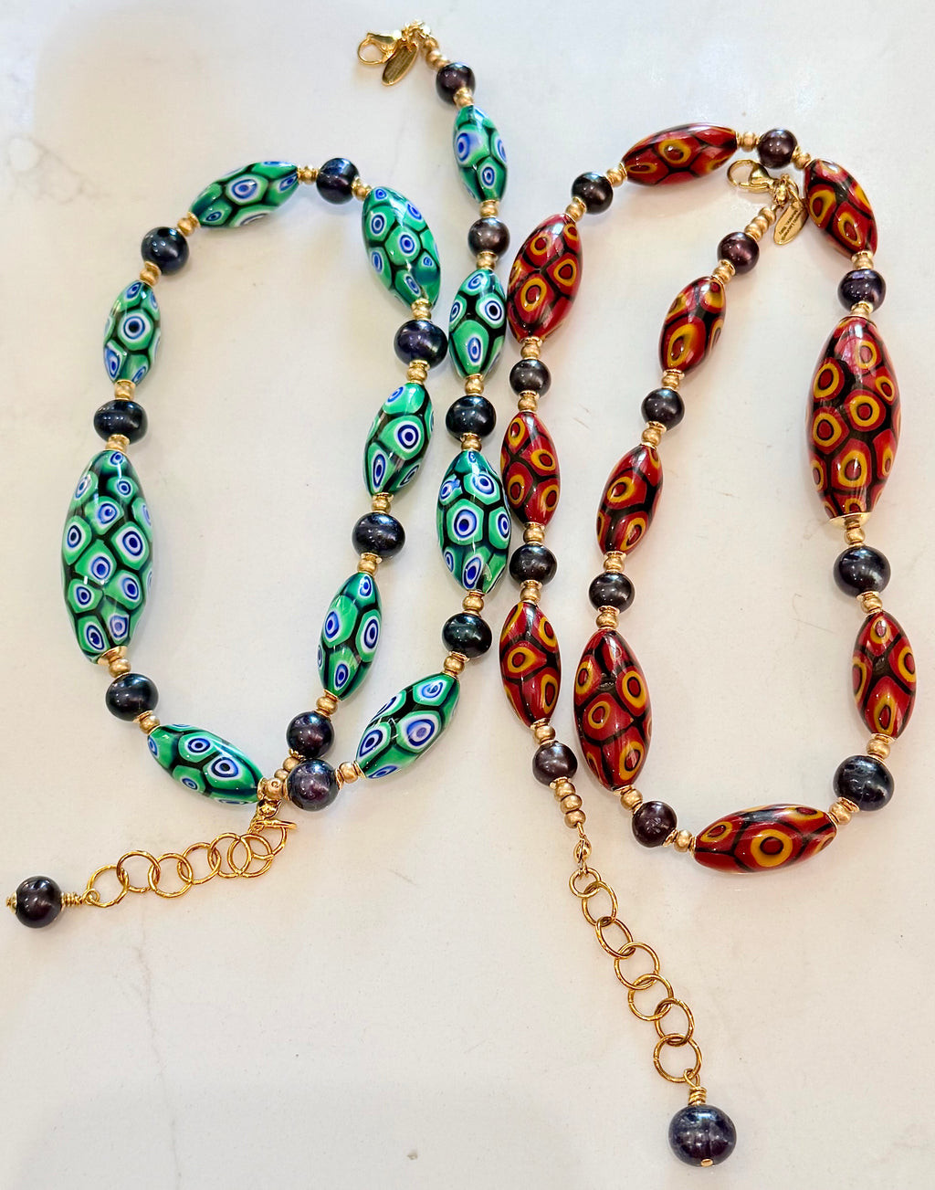 Rosario Leonardi Dramatic Green & Navy Themed 22” Necklace Featuring Black Freshwater Pearls